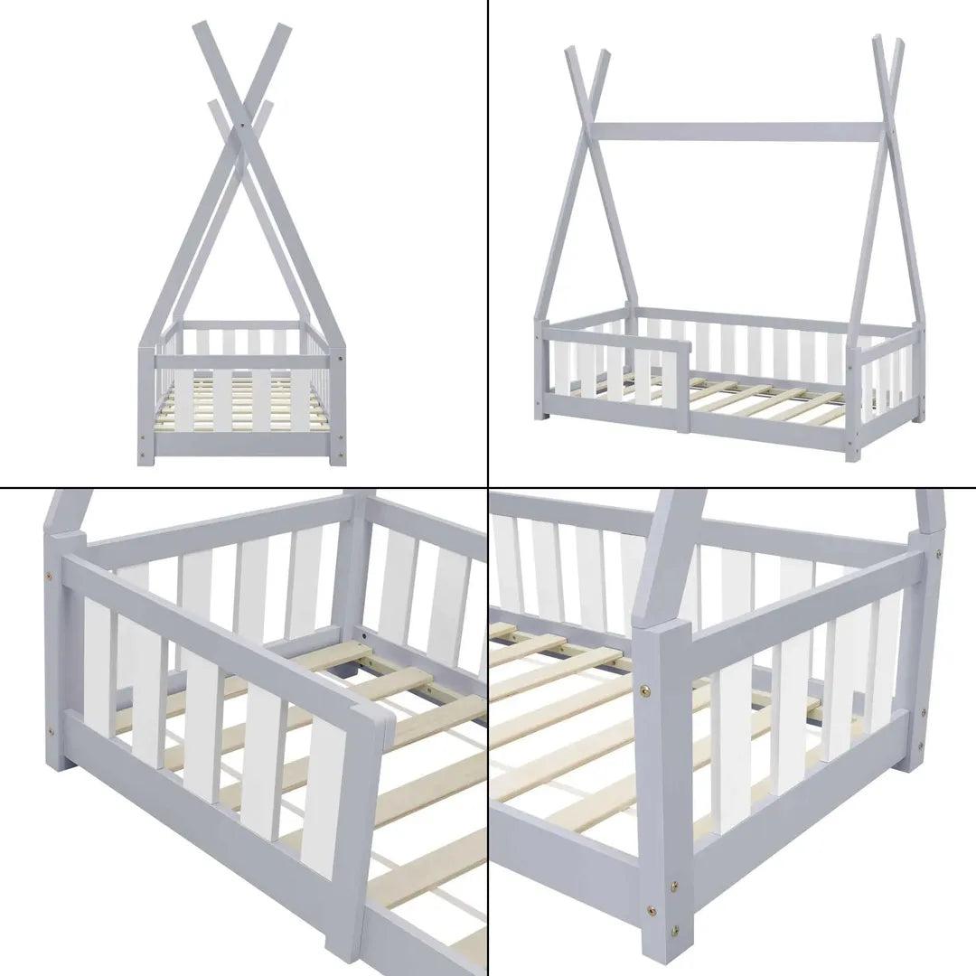 Lit tipi 70x140cm avec barrière - Gris & blanc