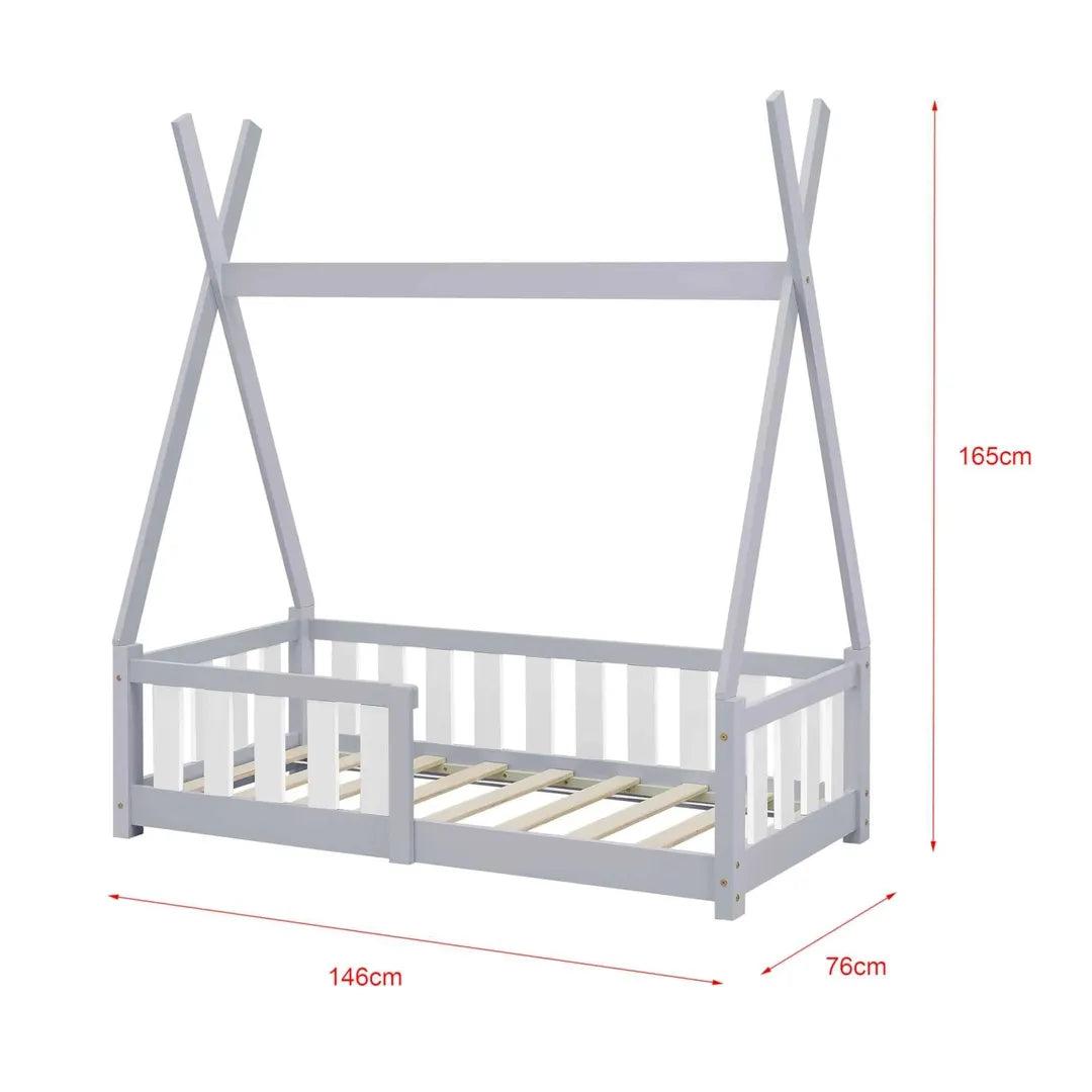 Lit tipi 70x140cm avec barrière - Gris & blanc