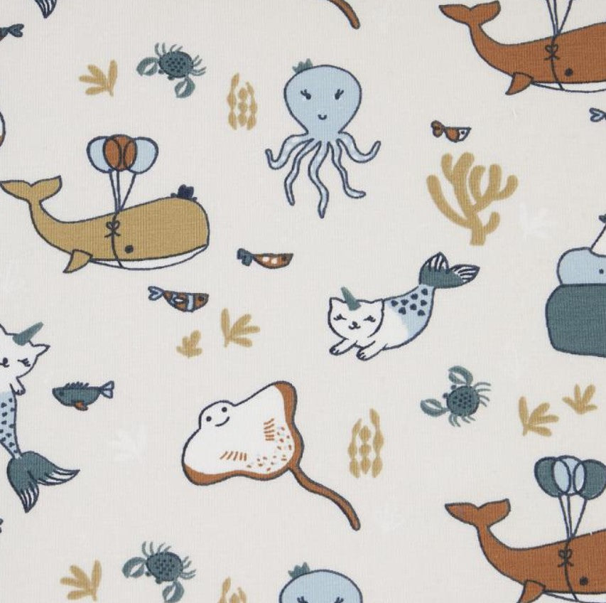 Drap housse en jersey de coton bio - Animaux de la mer
