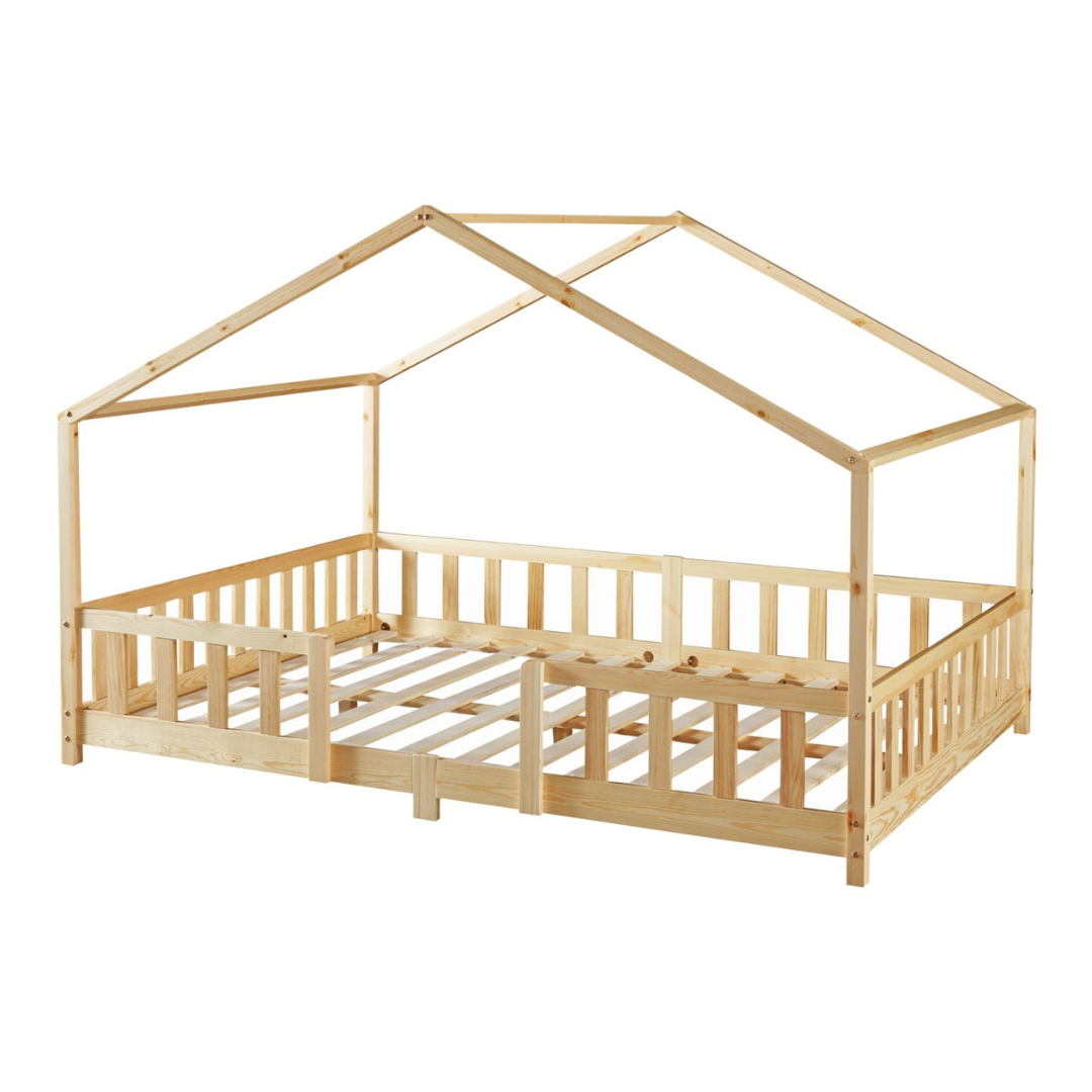 Grand lit cabane Montessori avec barrière + matelas - 120x200cm - Bois naturel