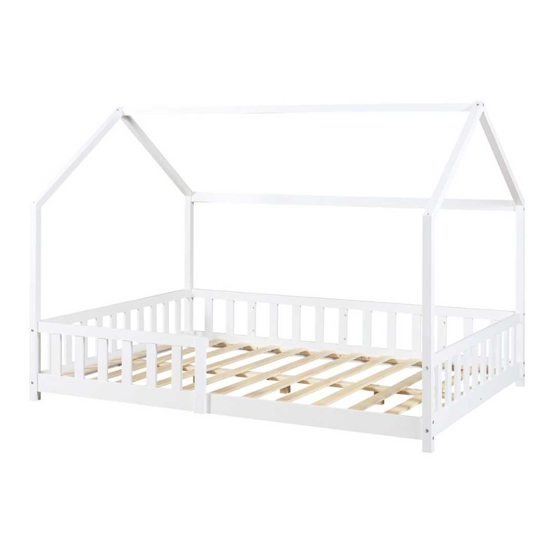 Pack grand lit cabane avec barrière + matelas 120x200cm