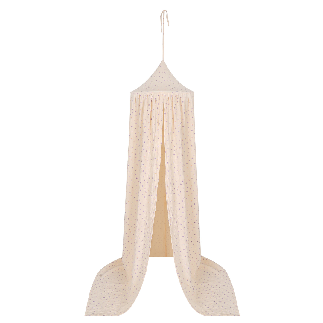 Ciel de lit bébé Ecru/Lila fleuri - Fait main