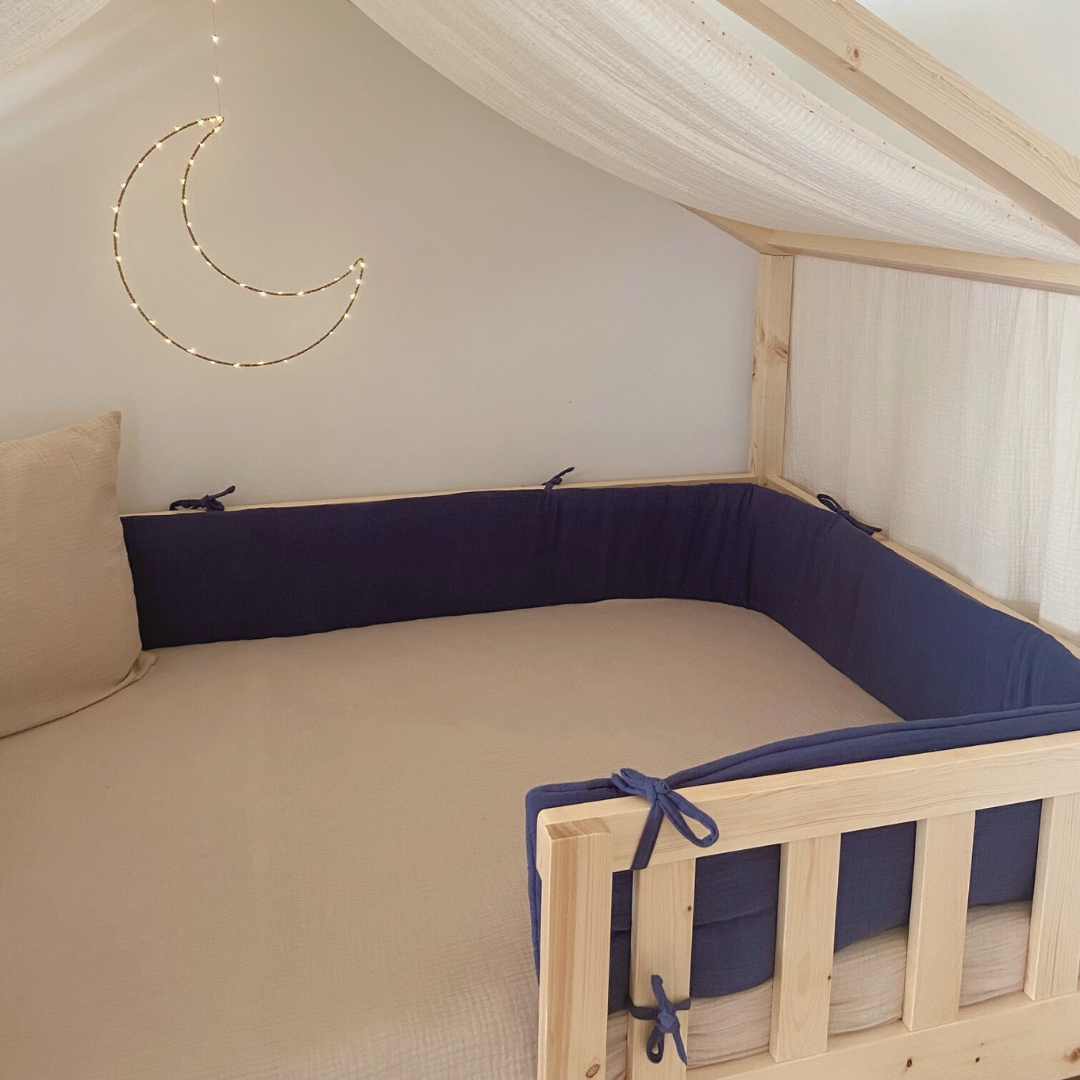 Tour de lit cabane double gaze bleu indigo