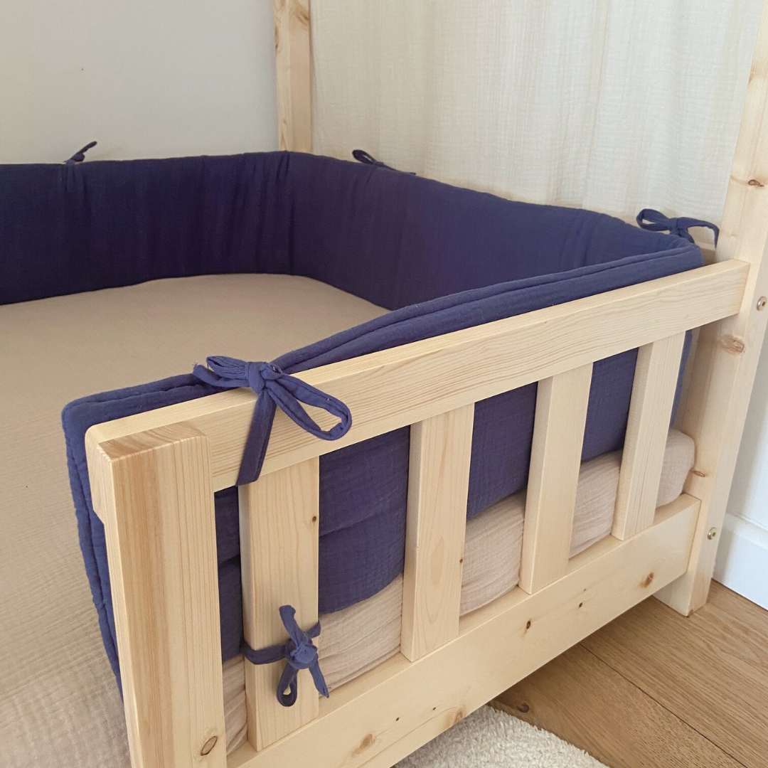 Tour de lit cabane double gaze bleu indigo