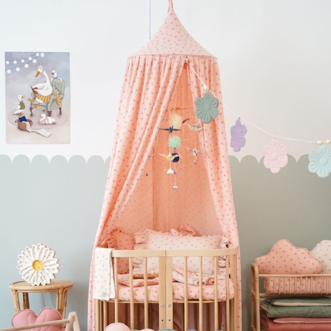 Ciel de lit bébé Rose fleuri - Fait main