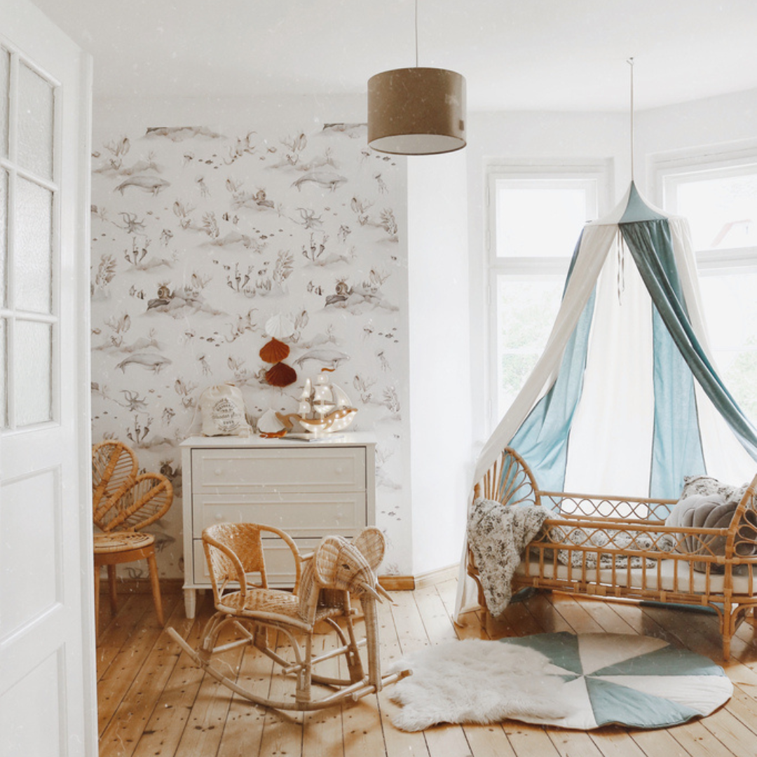 Ciel de lit bébé Bleu & écru - Fait main