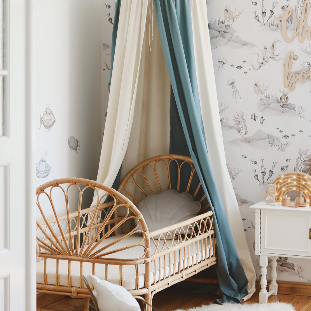 Ciel de lit bébé Bleu & écru - Fait main
