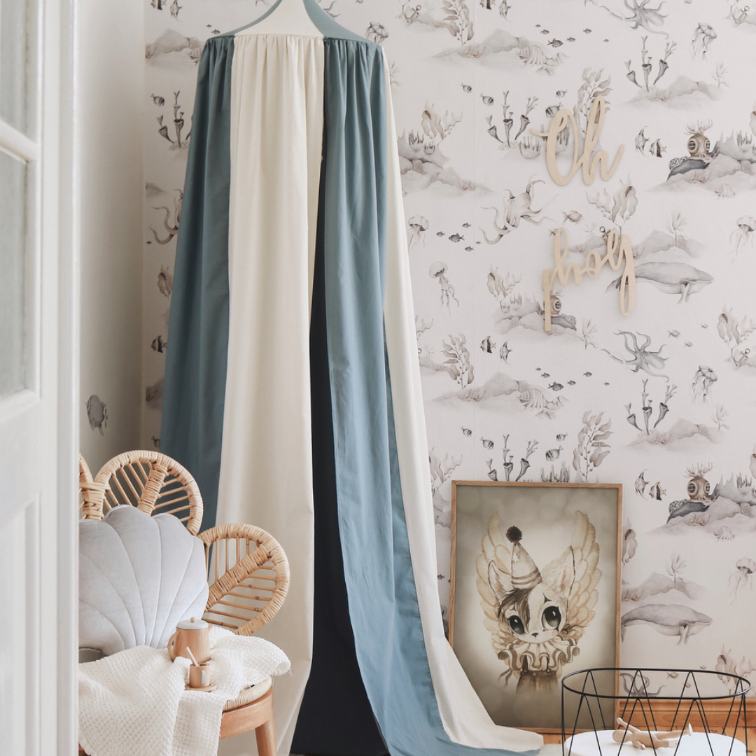 Ciel de lit bébé Bleu & écru - Fait main