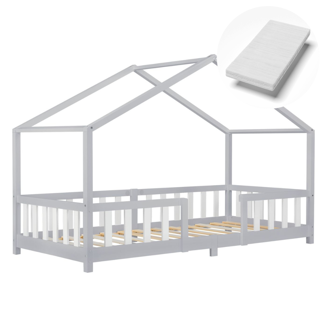 Lit cabane avec barrière + matelas - 90x200cm - Gris & Blanc