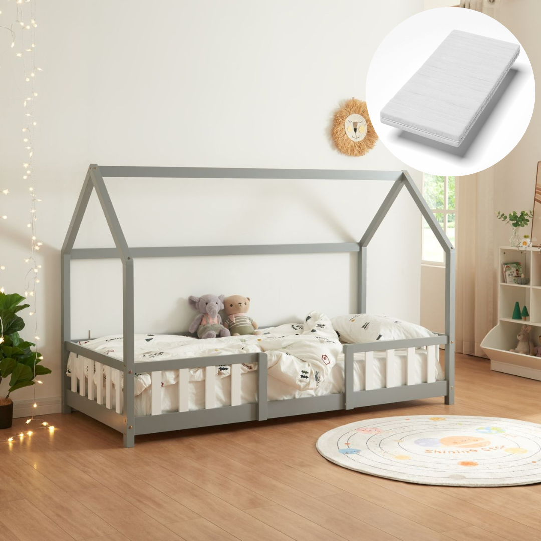 Lit cabane avec barrière + matelas - 90x200cm - Gris & blanc