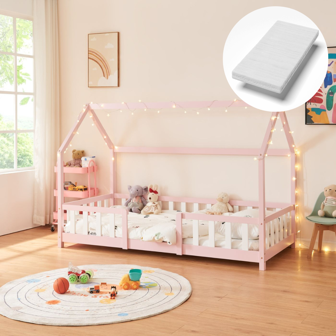 Hutbed met barrière + matras - 90x200cm - Roze & Wit