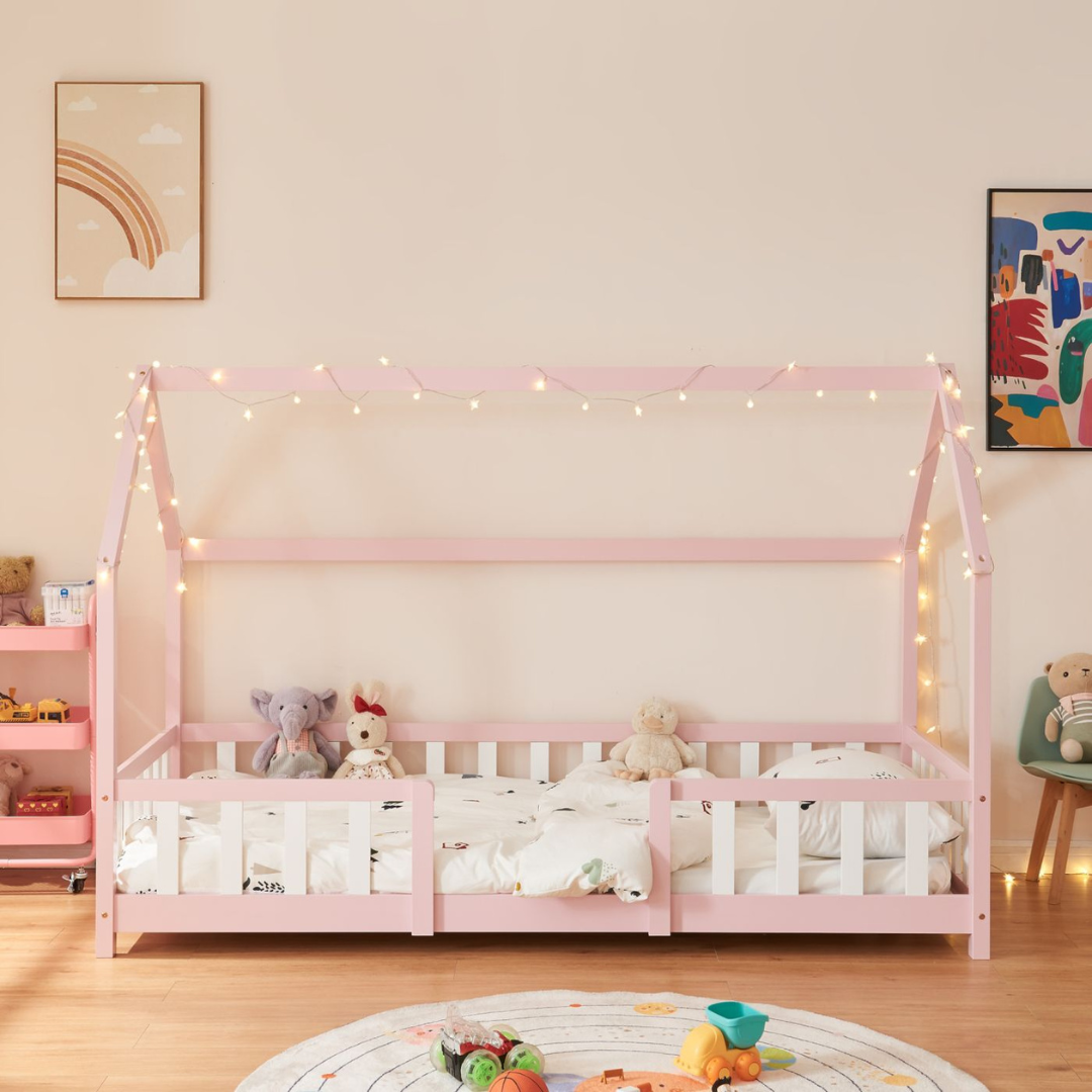 Lit cabane avec barrière + matelas - 90x200cm - Rose & Blanc