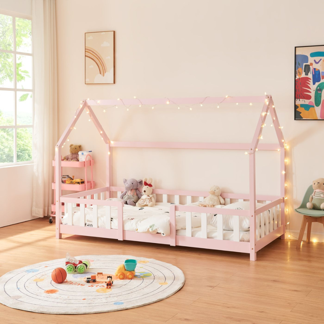Lit cabane avec barrière + matelas - 90x200cm - Rose & Blanc