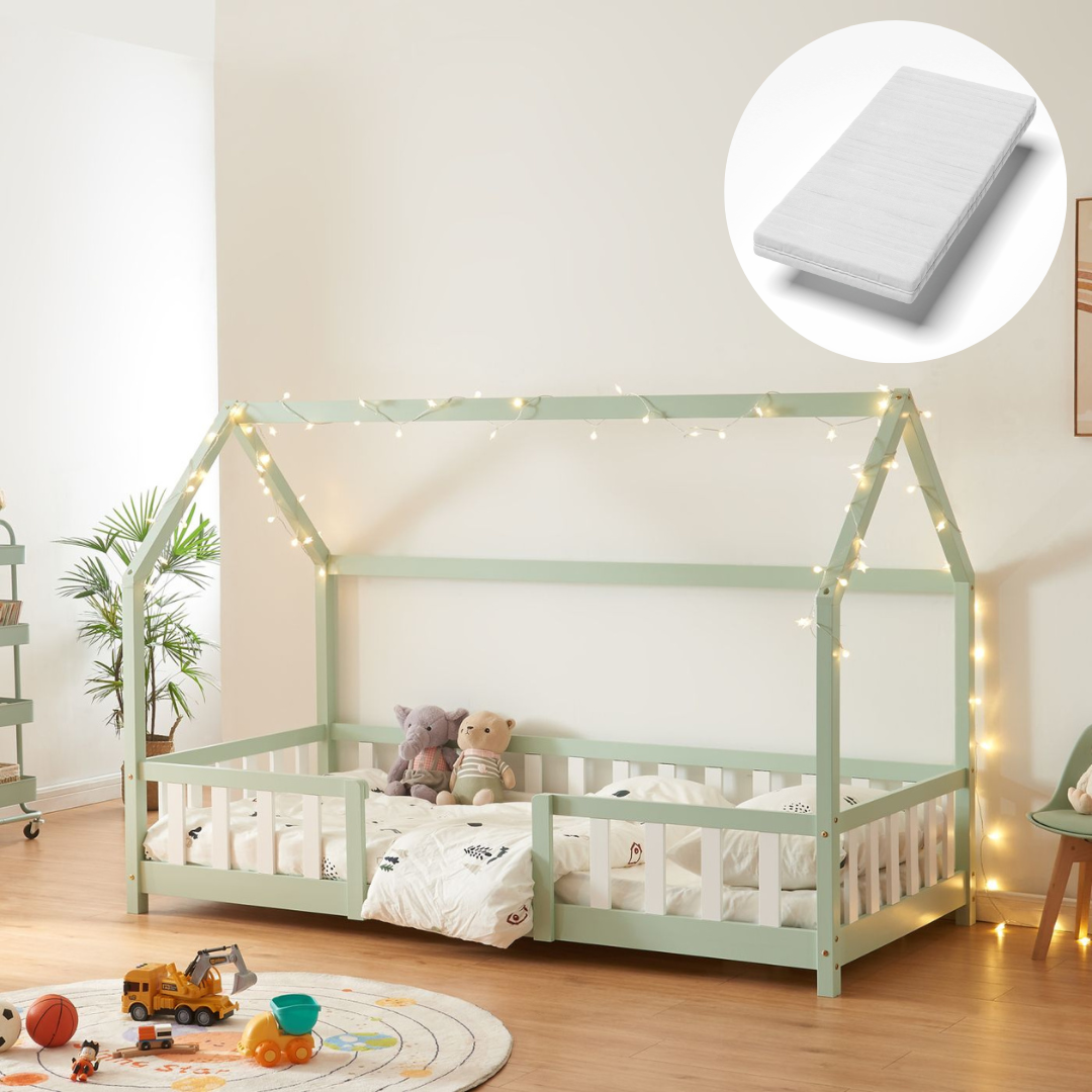 Lit cabane avec barrière + matelas - 90x200cm - Vert & Blanc