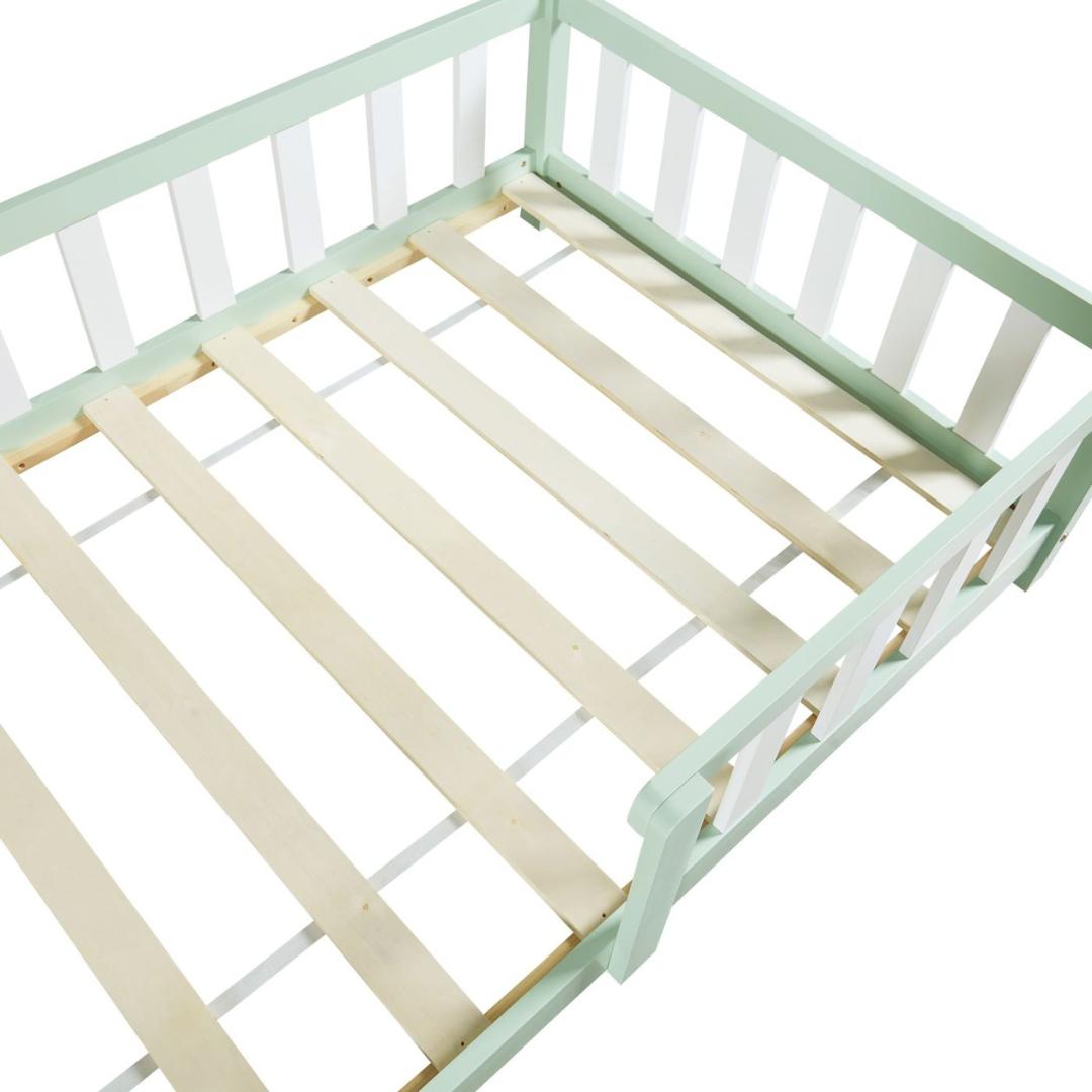 Lit cabane avec barrière + matelas - 90x200cm - Vert & blanc