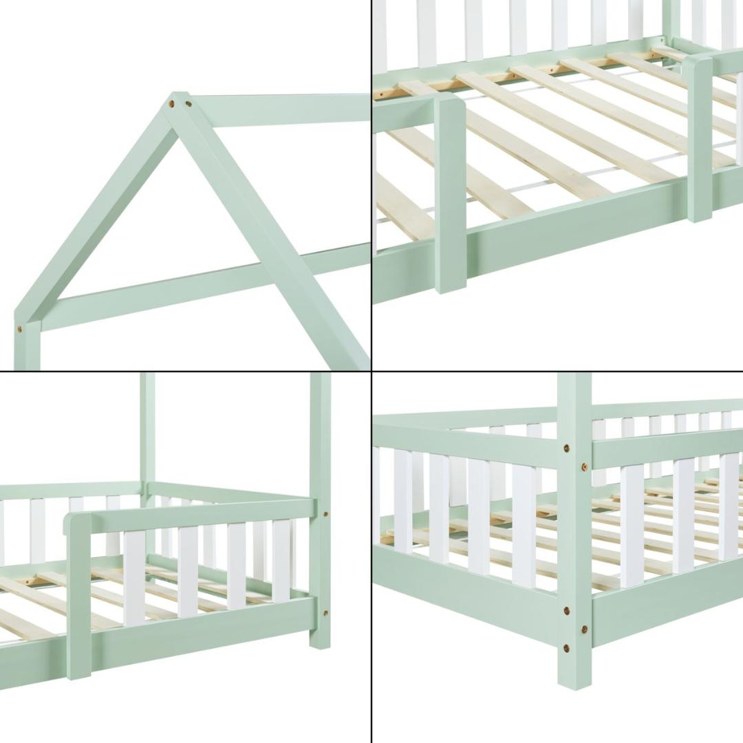 Lit cabane avec barrière + matelas - 90x200cm - Vert & Blanc