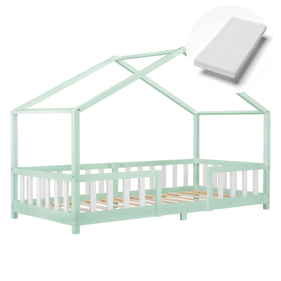 Lit cabane avec barrière + matelas - 90x200cm - Vert & blanc