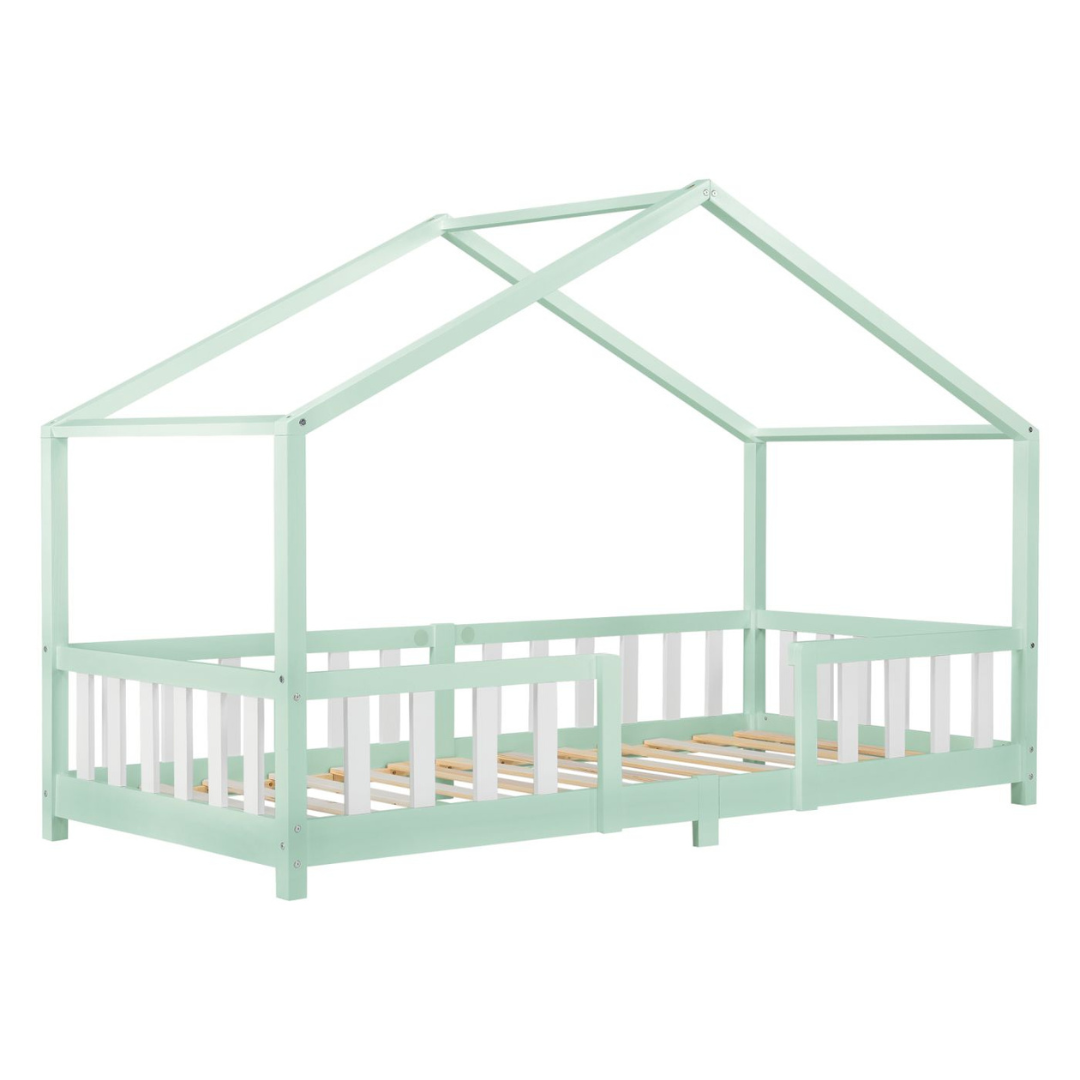 Lit cabane avec barrière + matelas - 90x200cm - Vert & blanc