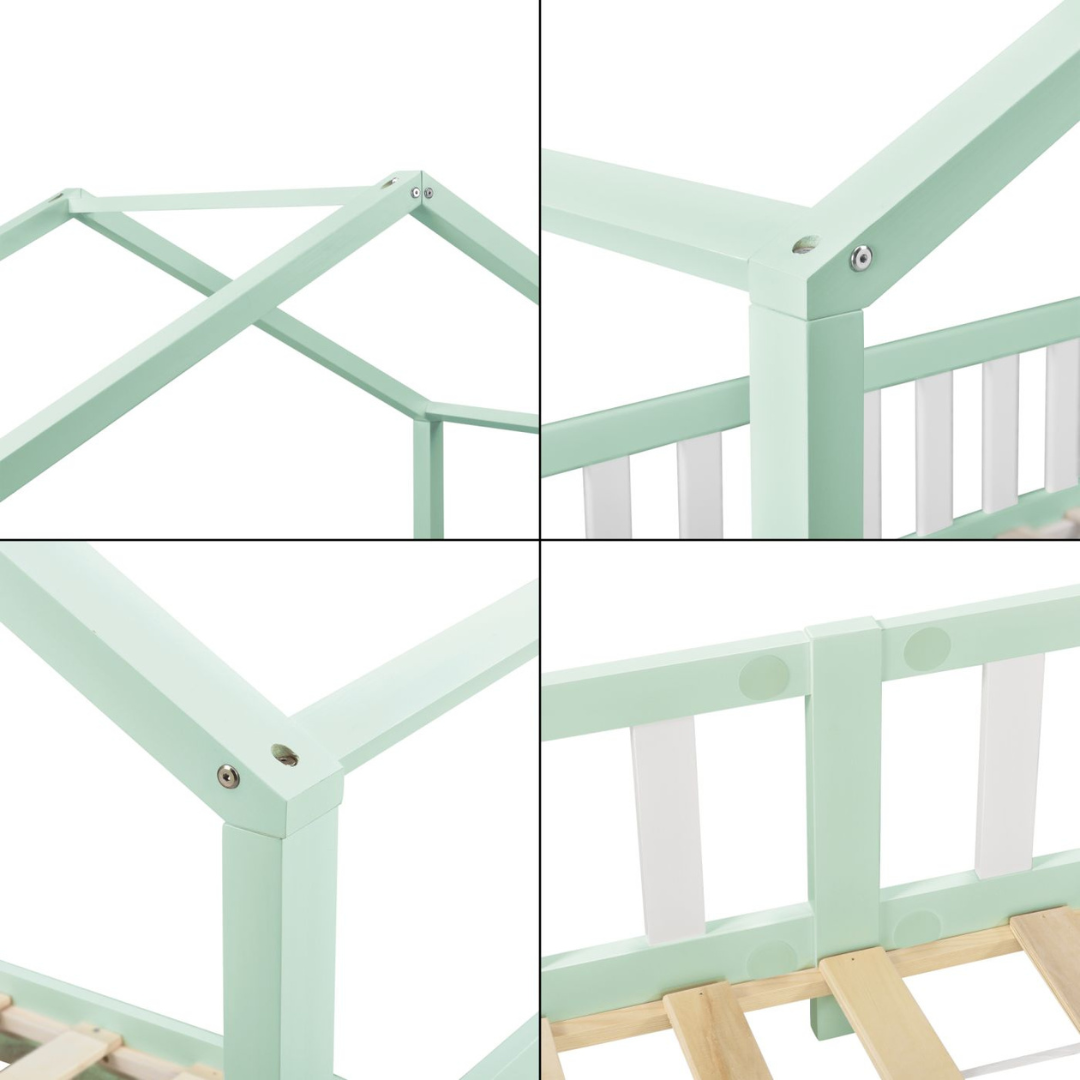 Lit cabane avec barrière + matelas - 90x200cm - Vert & blanc