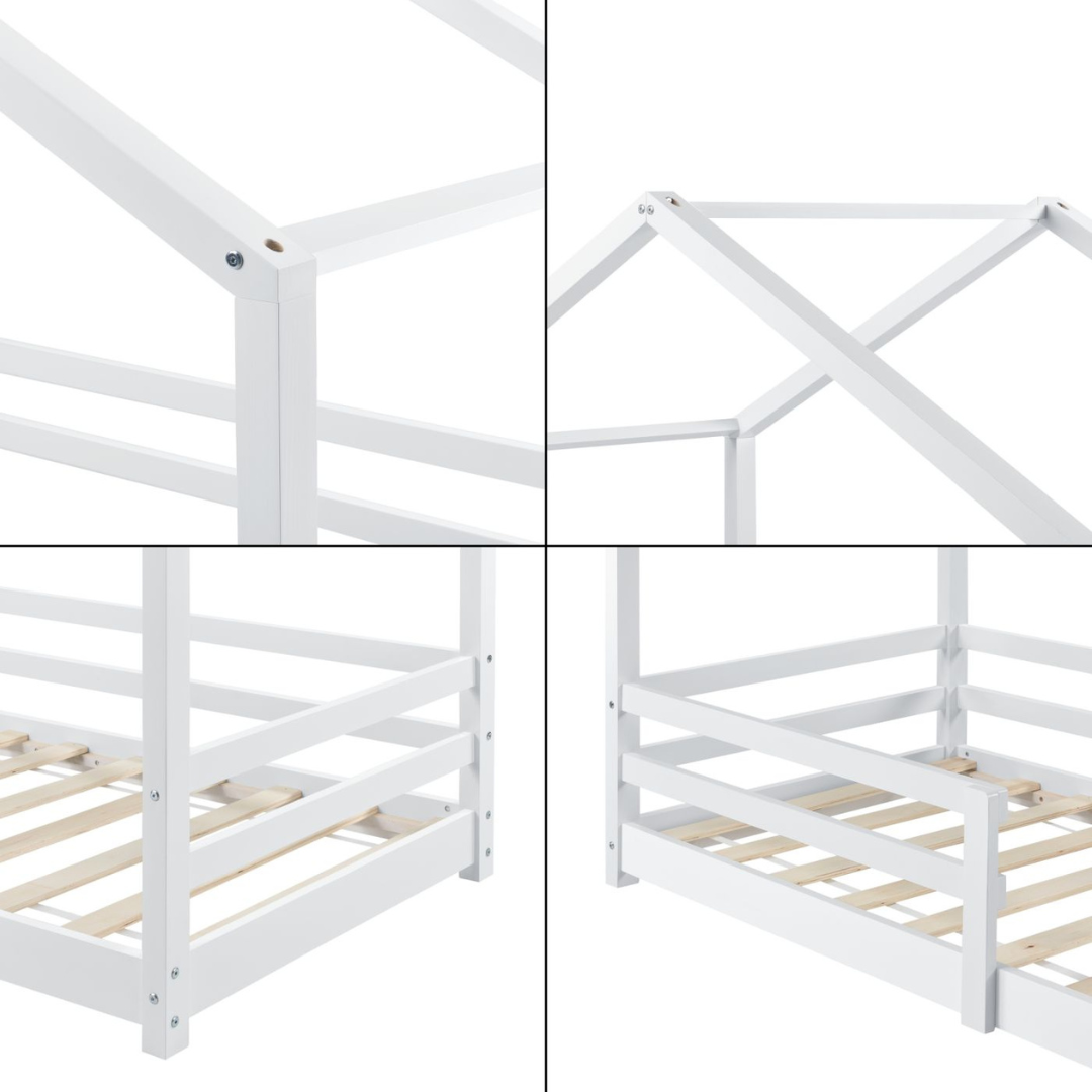 Lit cabane avec barrière + matelas 80x160cm - Blanc