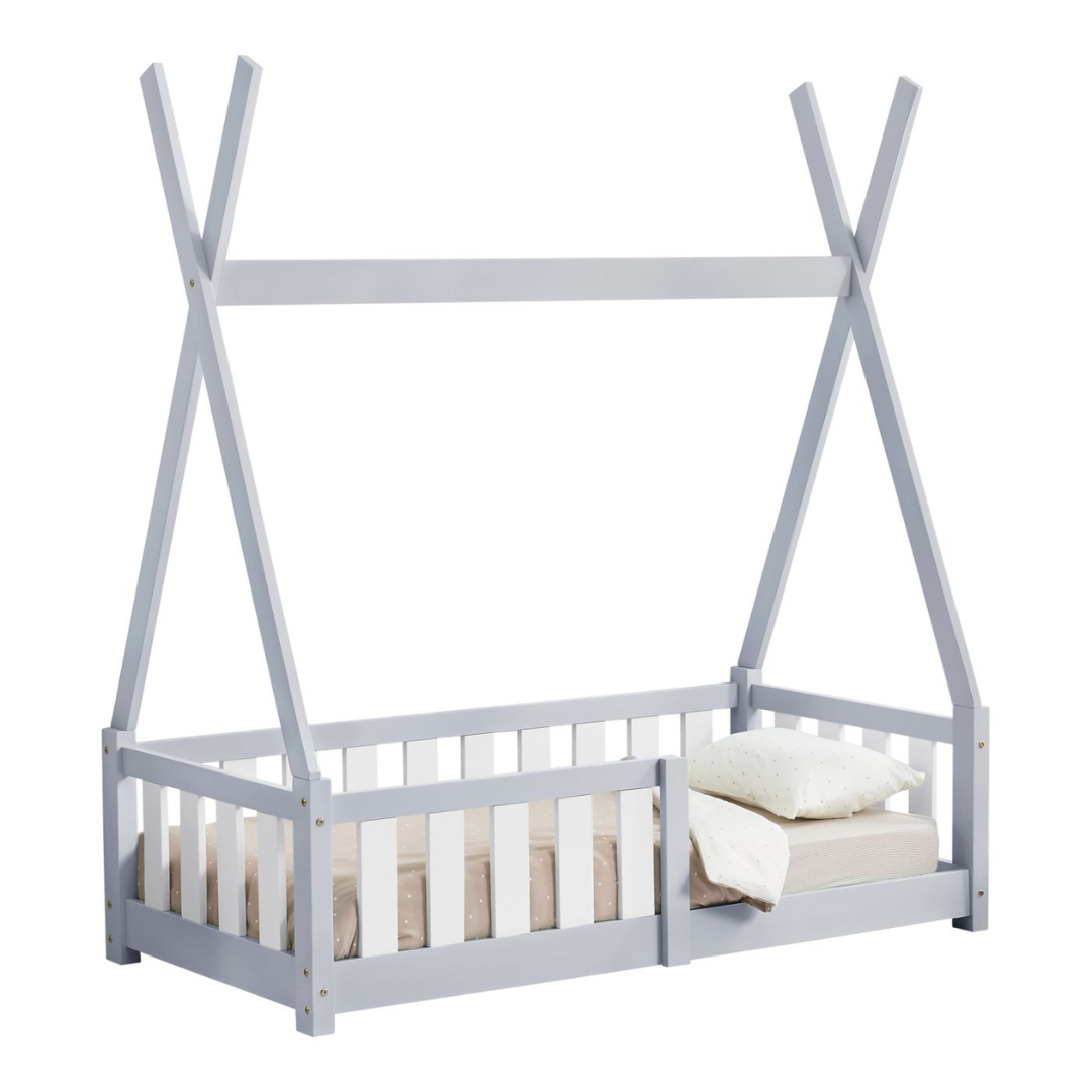 Lit tipi 70x140cm avec barrière et matelas - Gris & blanc