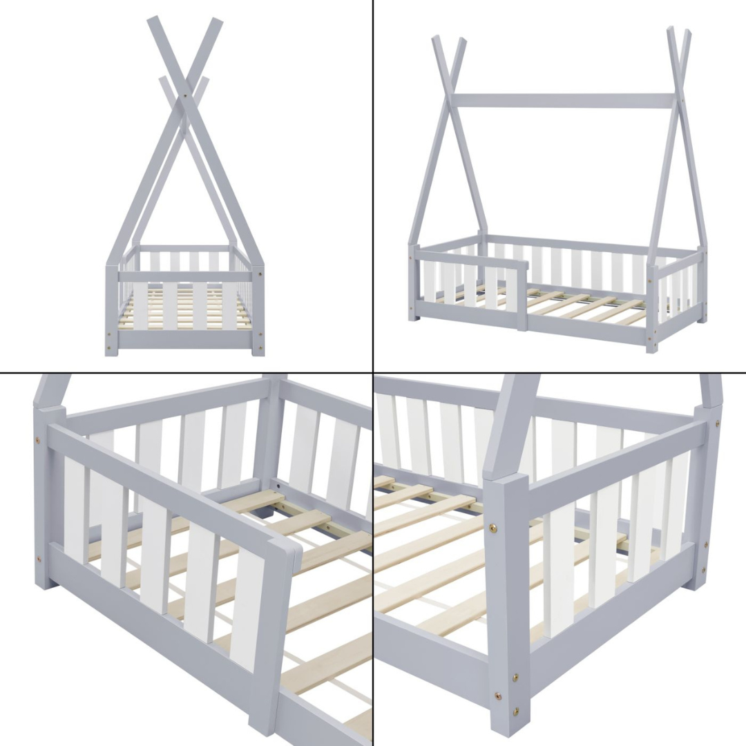 Lit tipi 70x140cm avec barrière et matelas - Gris & blanc