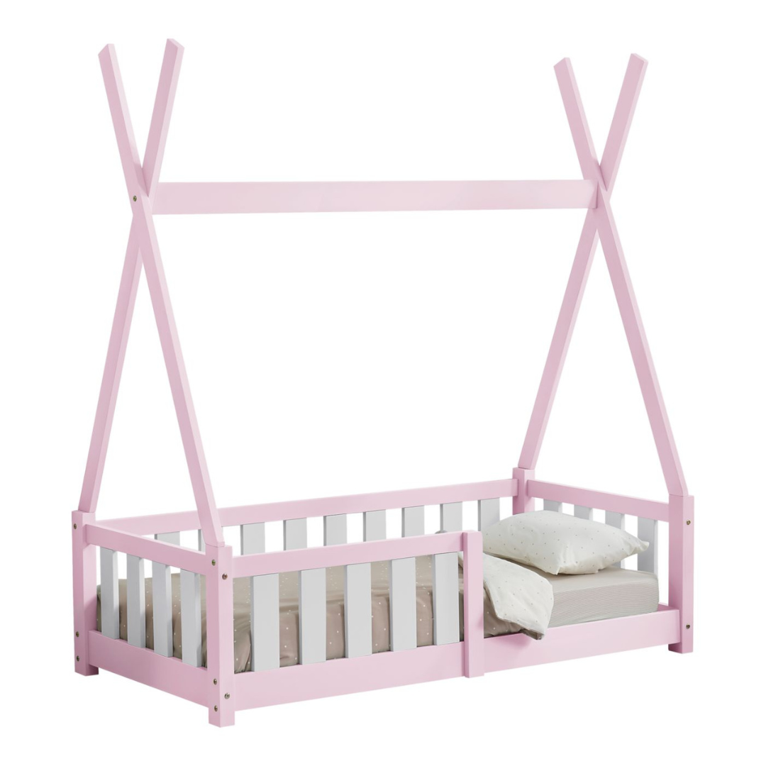 Lit tipi 70x140cm avec barrière et matelas - Rose & blanc