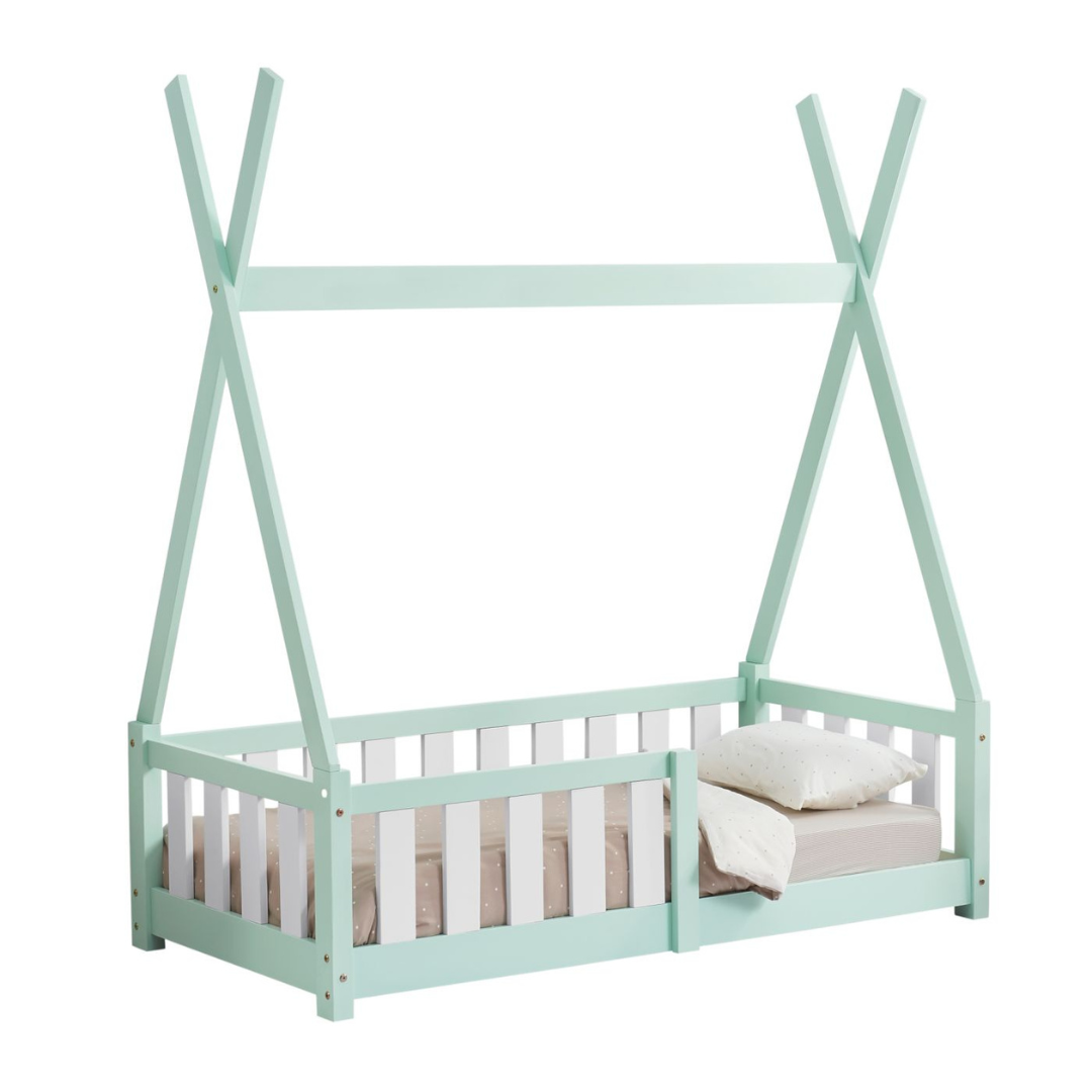 Lit tipi 70x140cm avec barrière et matelas - Vert & blanc