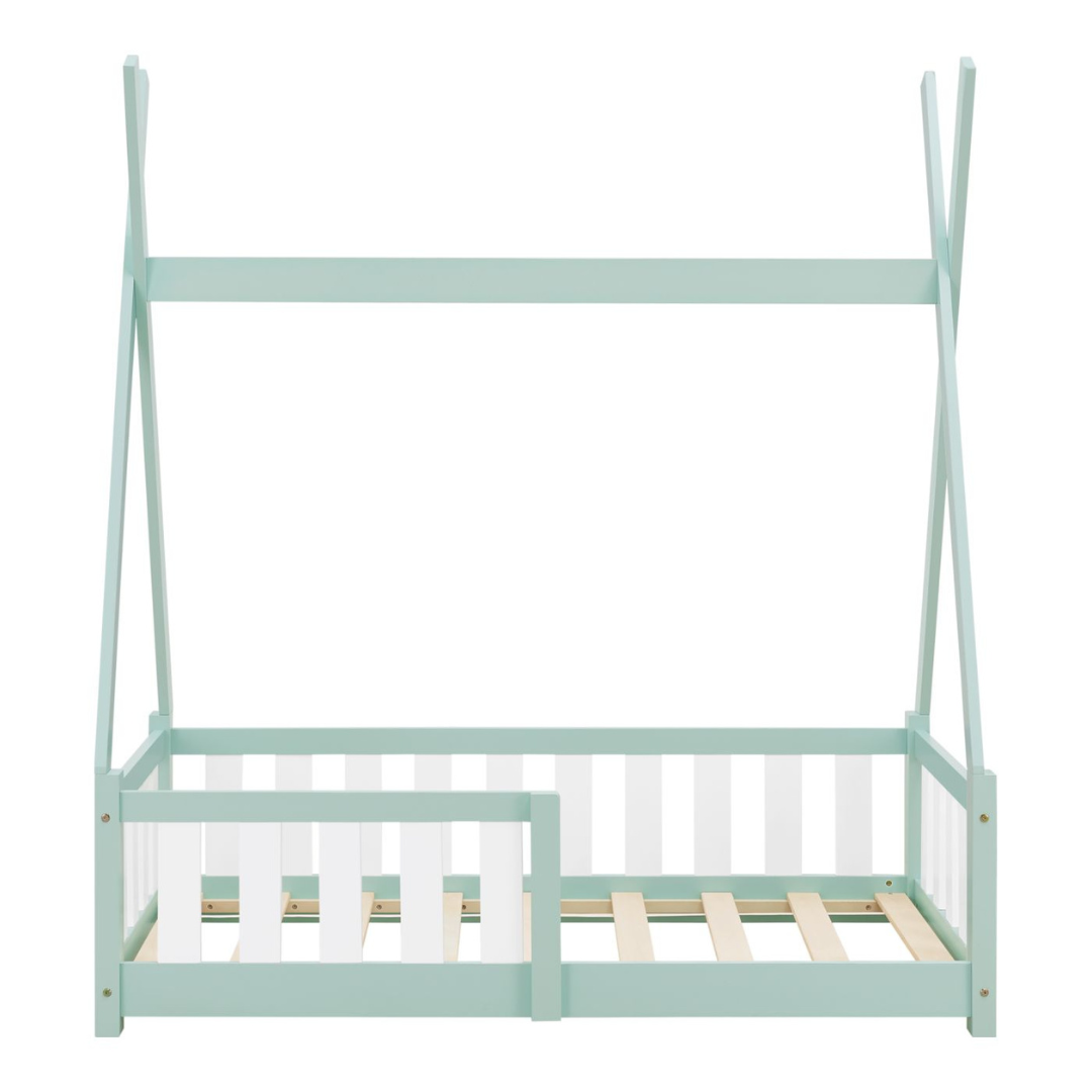 Lit tipi 70x140cm avec barrière et matelas - Vert & blanc
