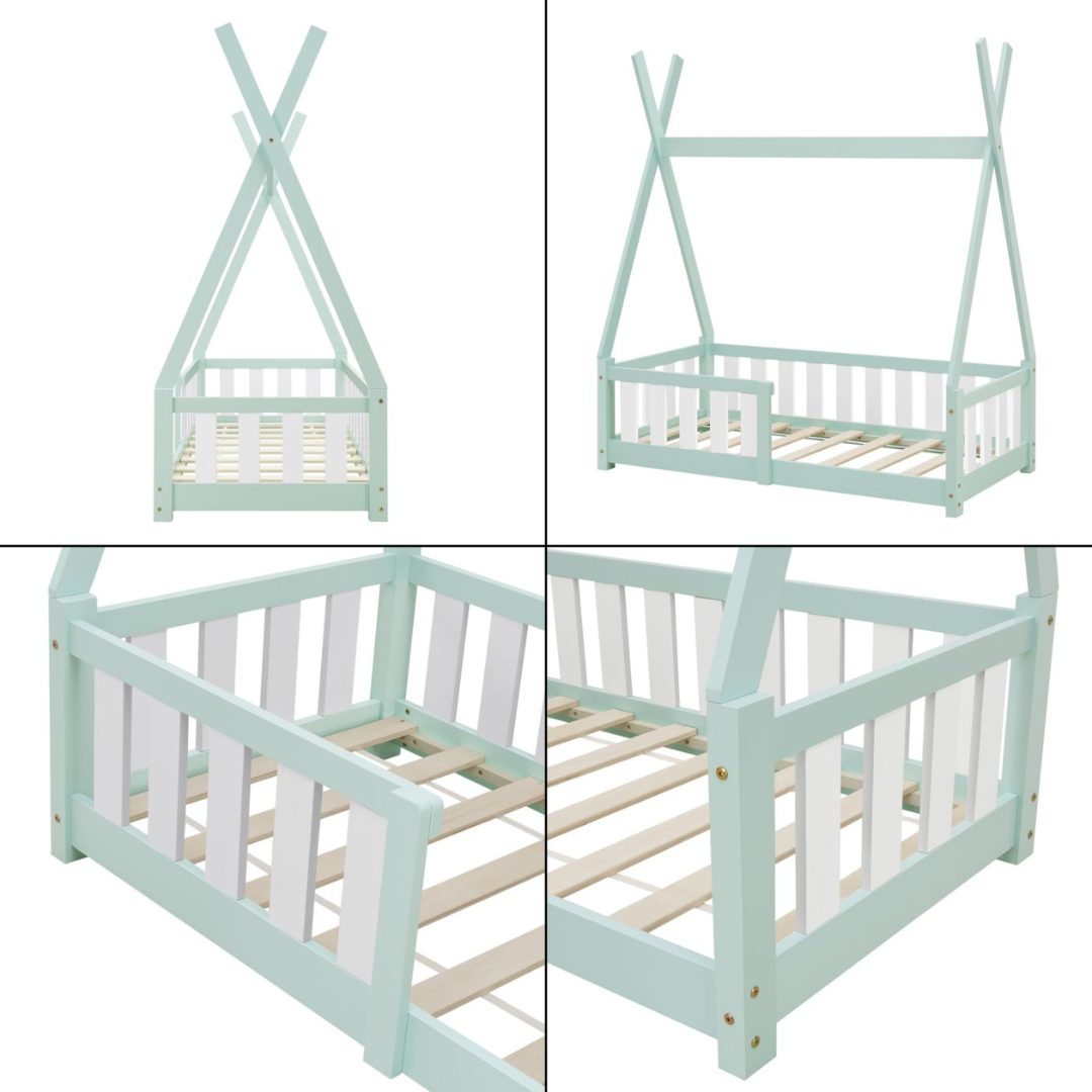 Tipi bed 70x140cm met barrière en matras - Groen & wit