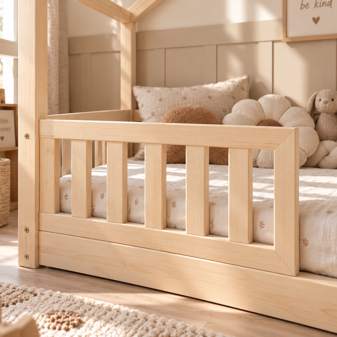 Grand lit cabane Montessori Dario avec barrière 140x200cm Entrée au milieu