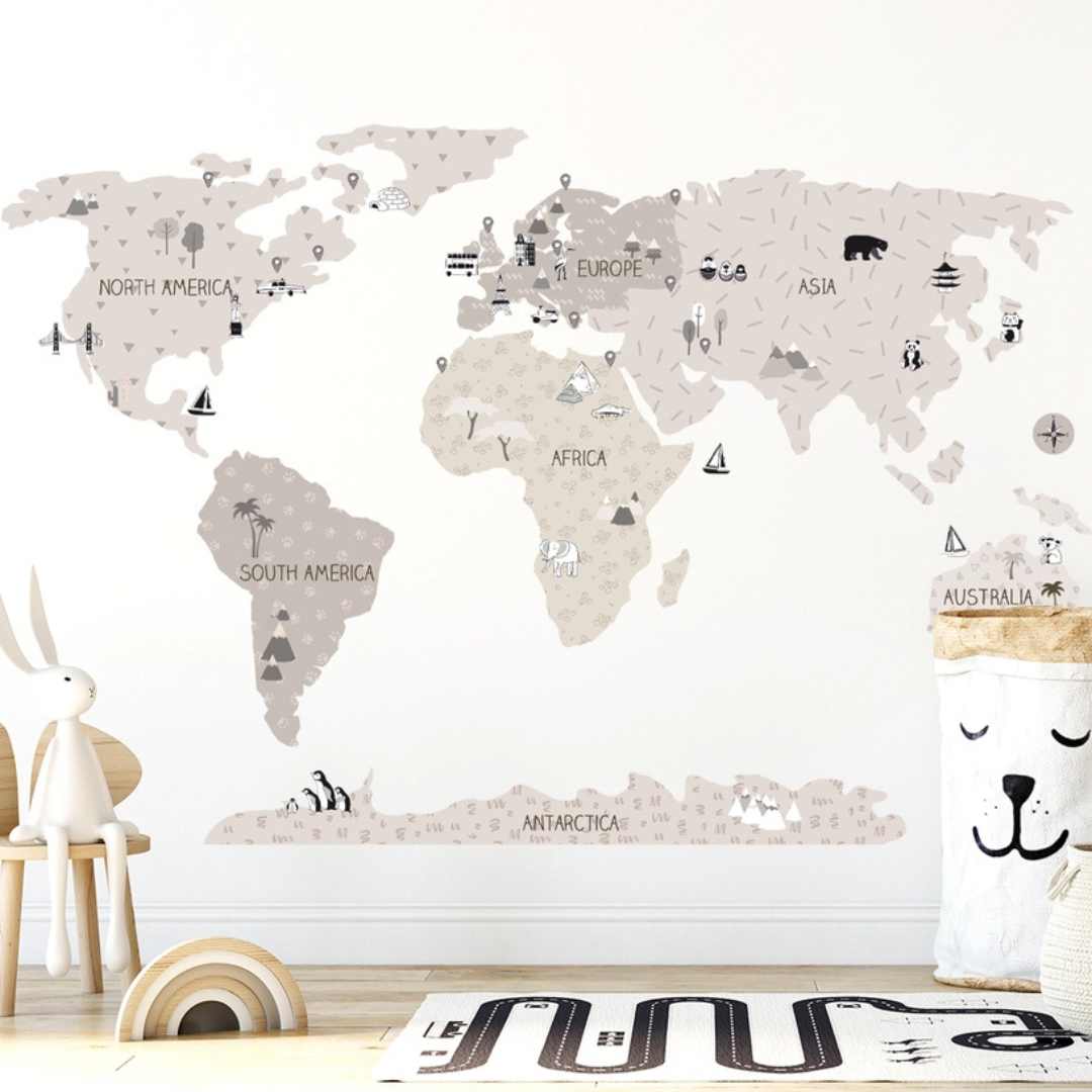 Sticker enfant carte du monde Beige