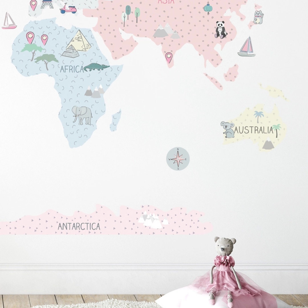 Sticker Enfant Carte Monde Rose