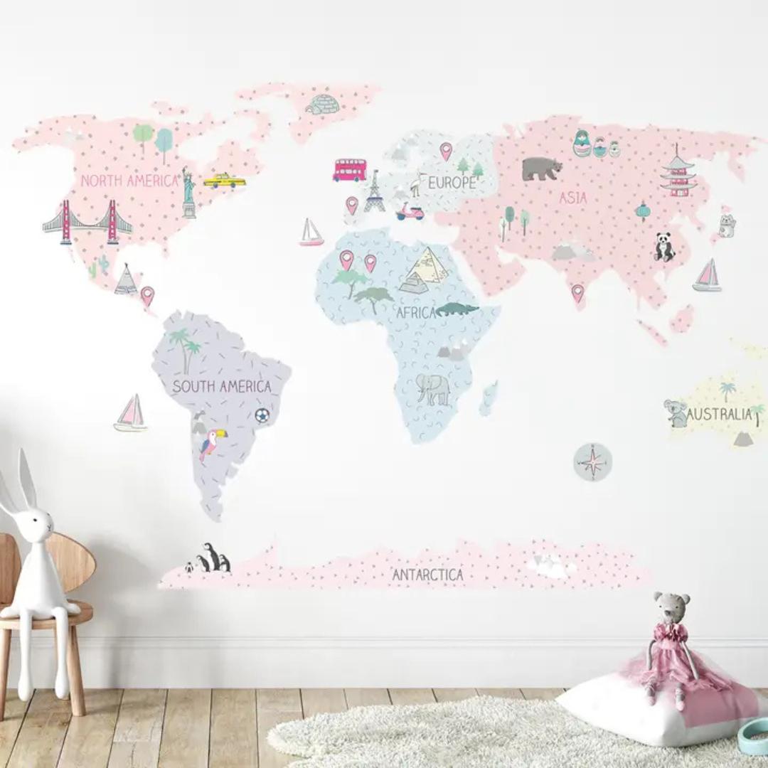 Sticker Enfant Carte Monde Rose
