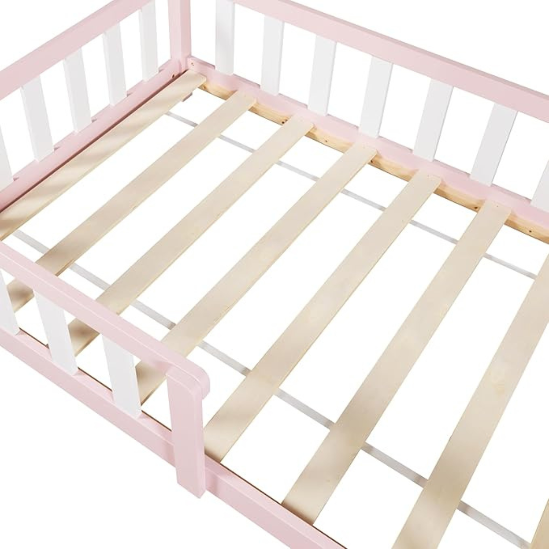 Lit cabane rose avec barrière 90x200cm