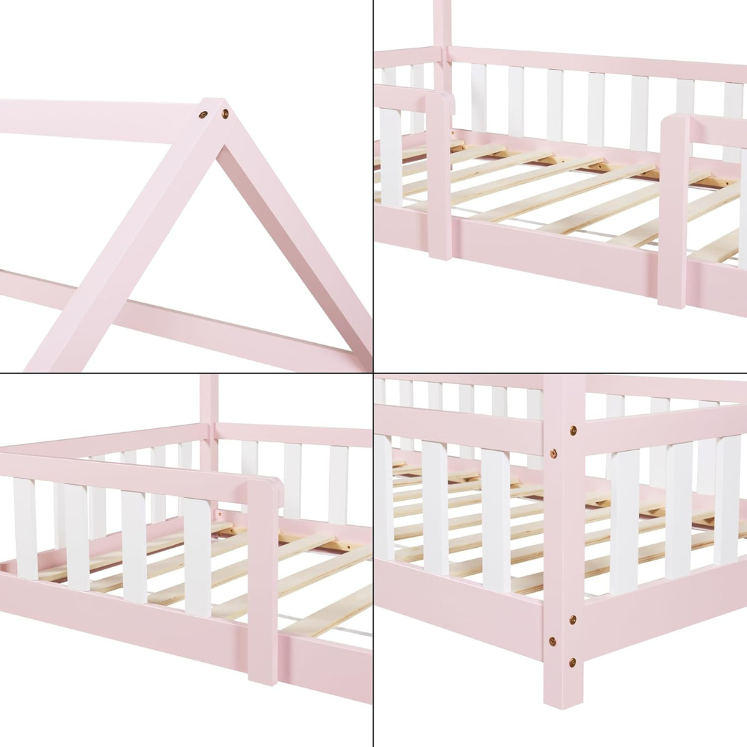 Lit cabane rose avec barrière 90x200cm