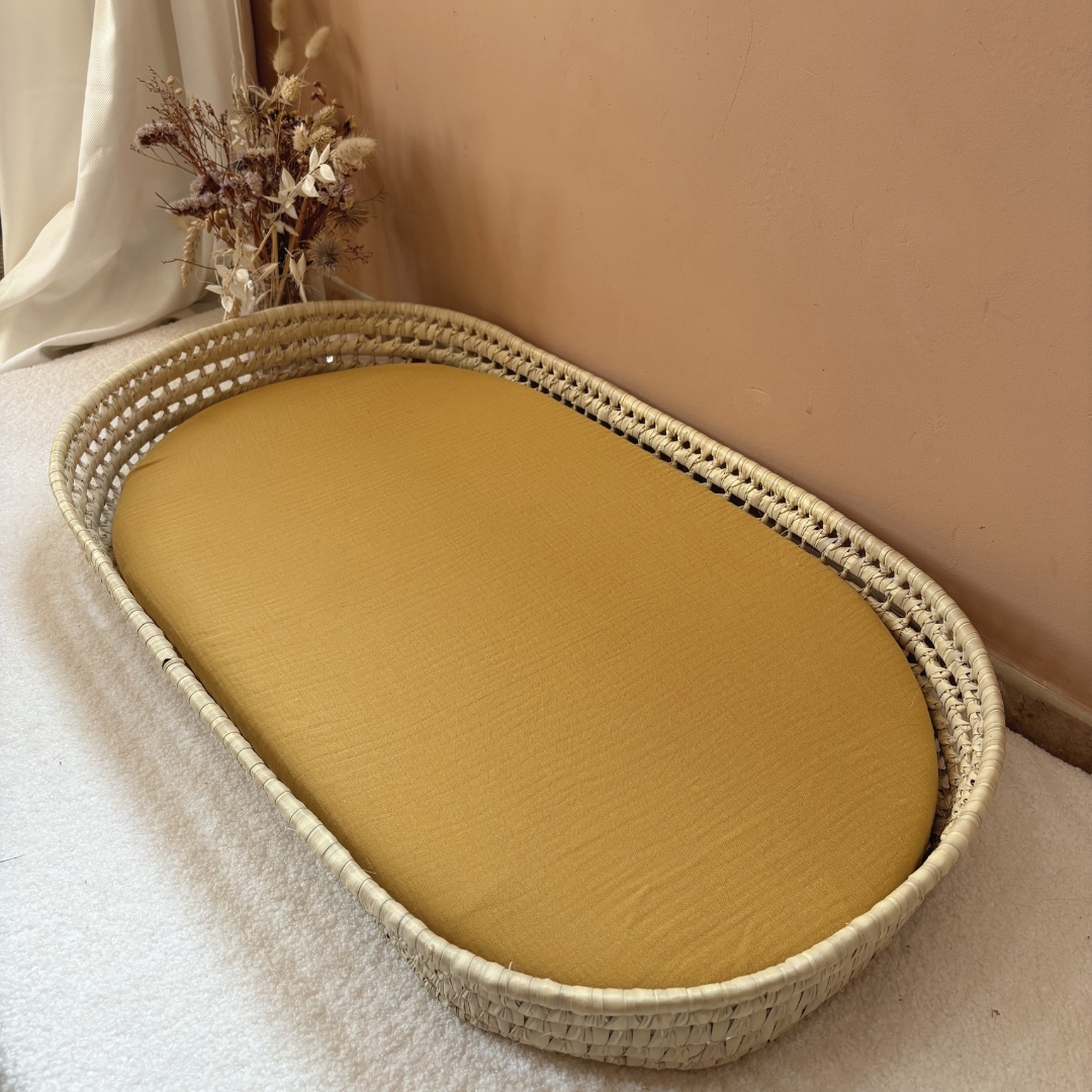 Panier à langer + matelas + housse double gaze jaune moutarde