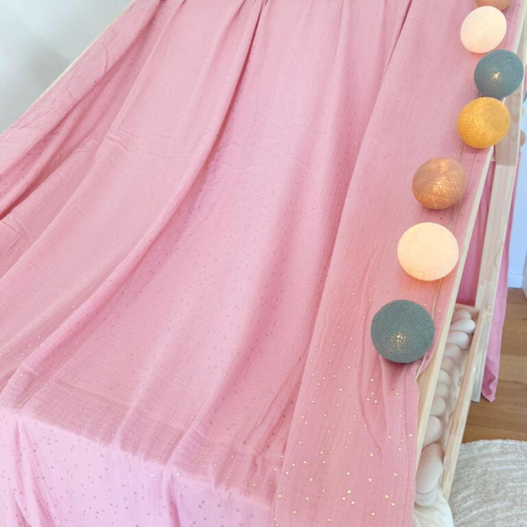 Ciel de lit cabane Rose pois dorés