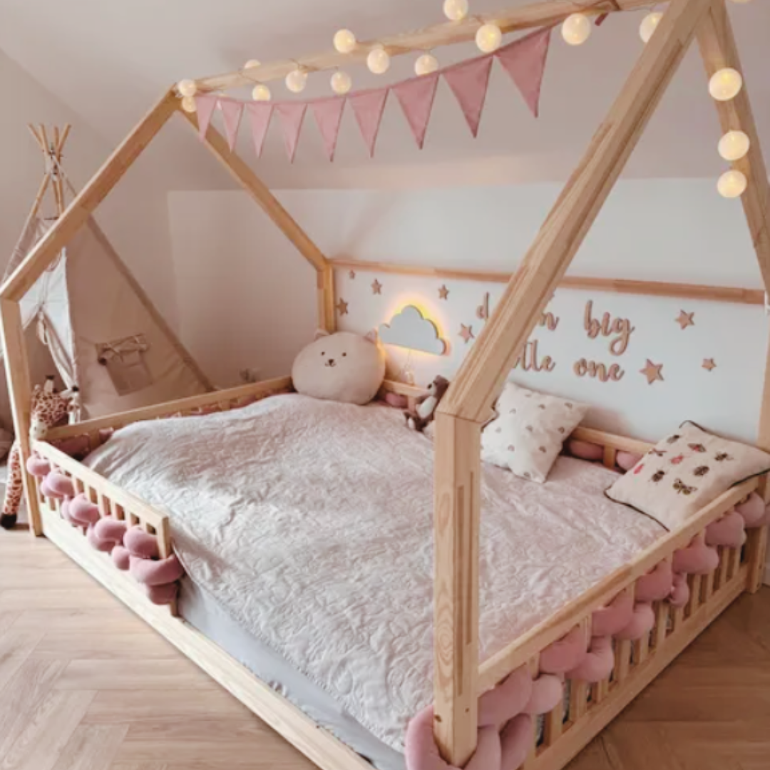 Grand lit cabane Montessori Bianca avec barrière 140x200cm
