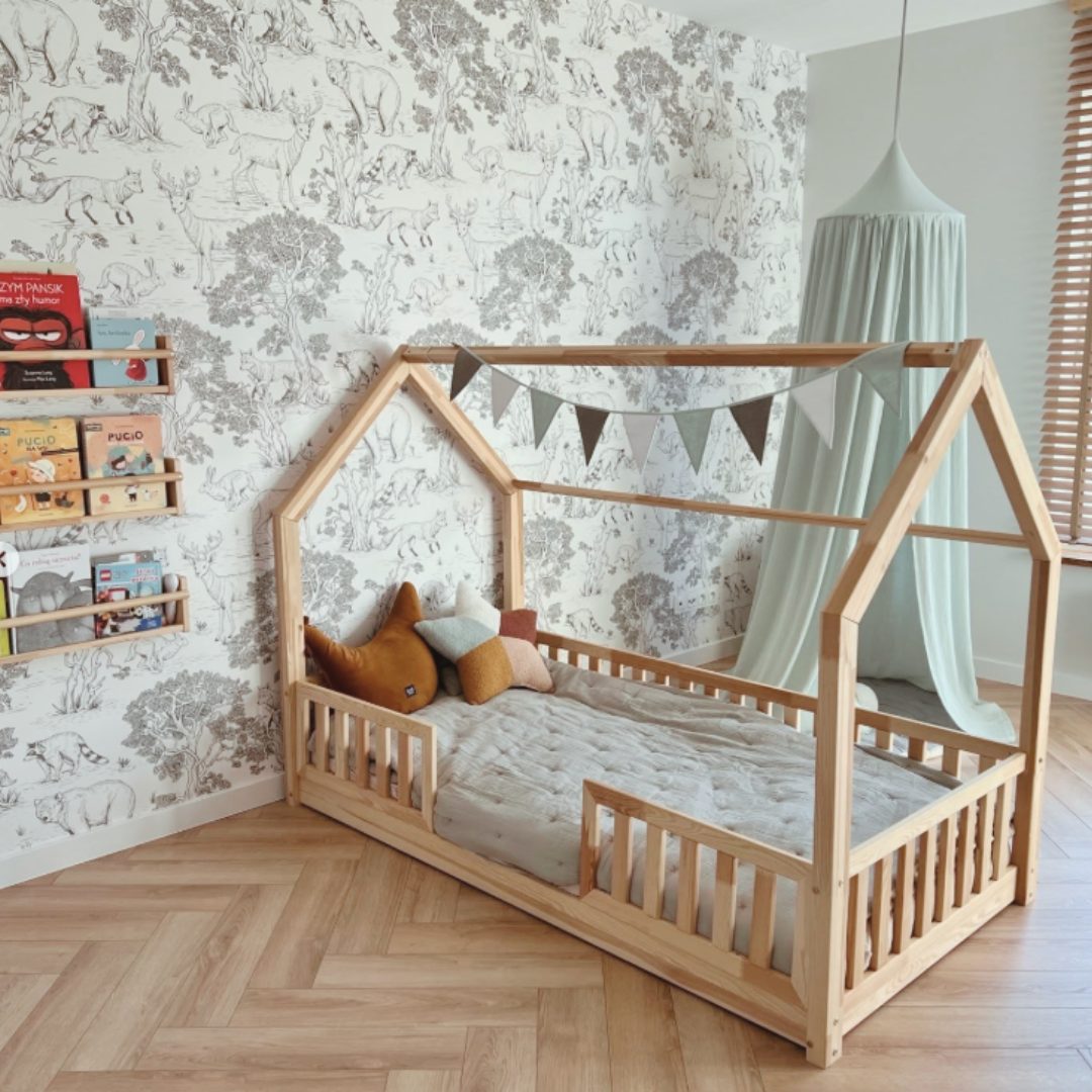 Lit cabane Montessori avec barrière Andrea 90x190cm Entrée au milieu