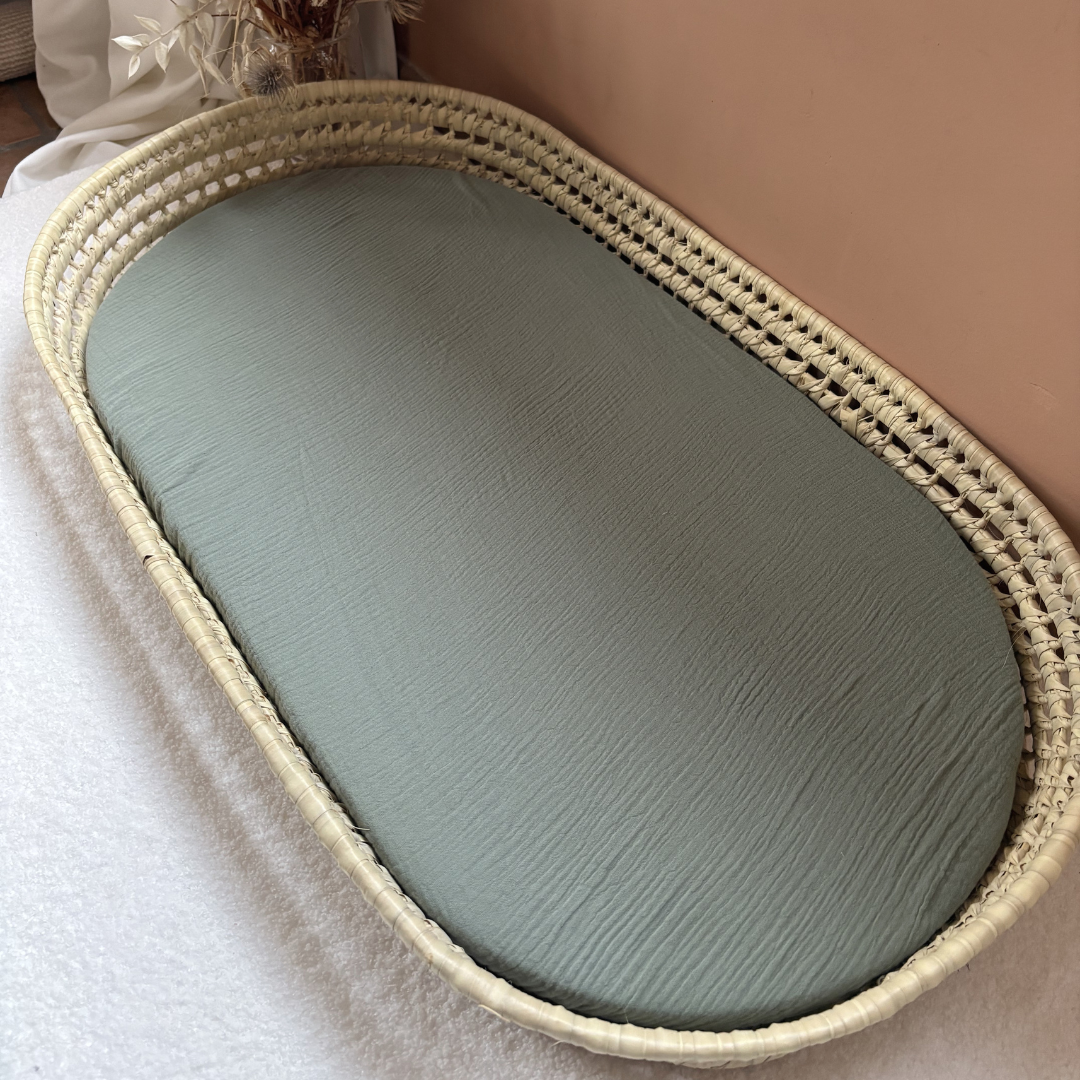 Panier à langer + matelas + housse double gaze vert kaki