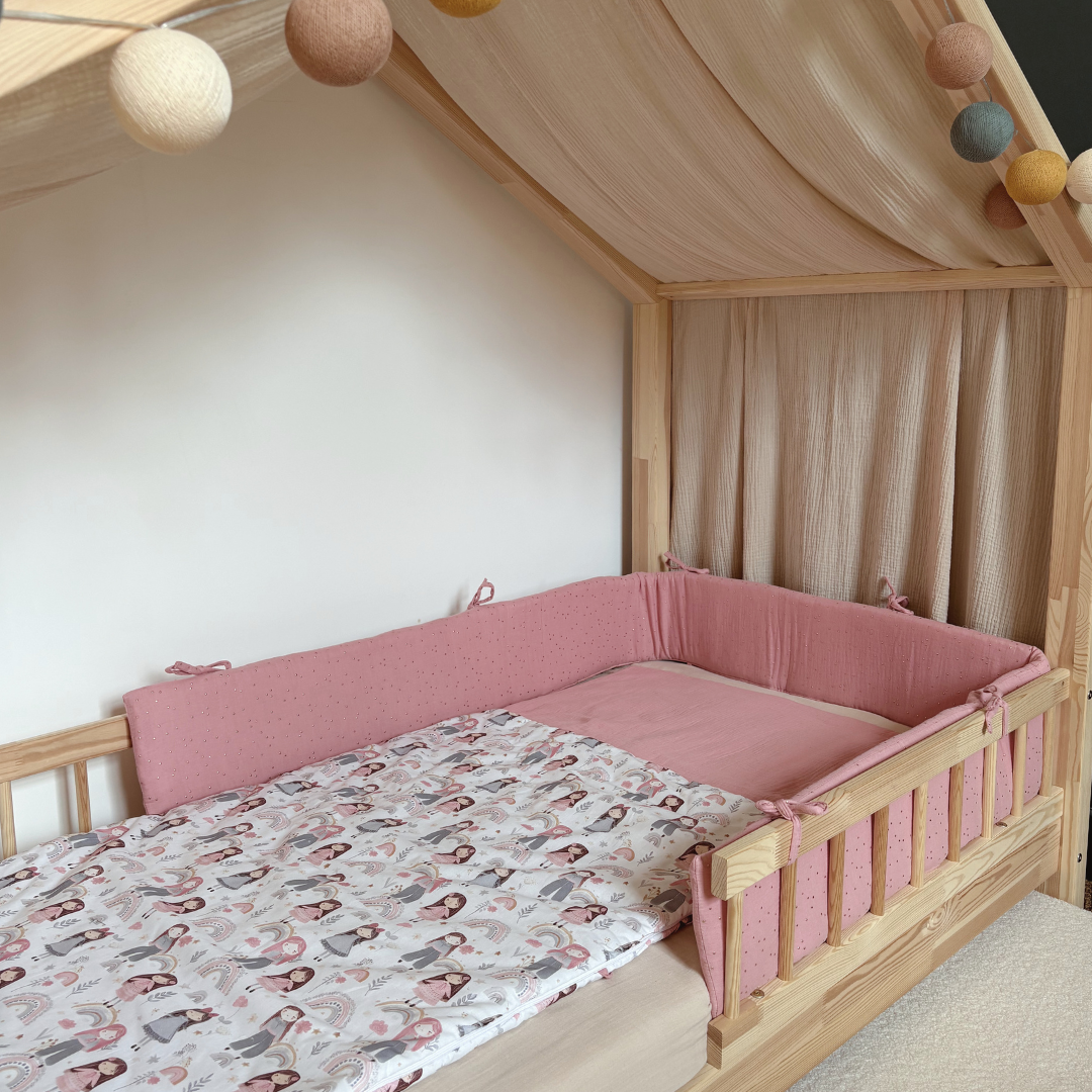 Tour de lit cabane double gaze rose pois dorés