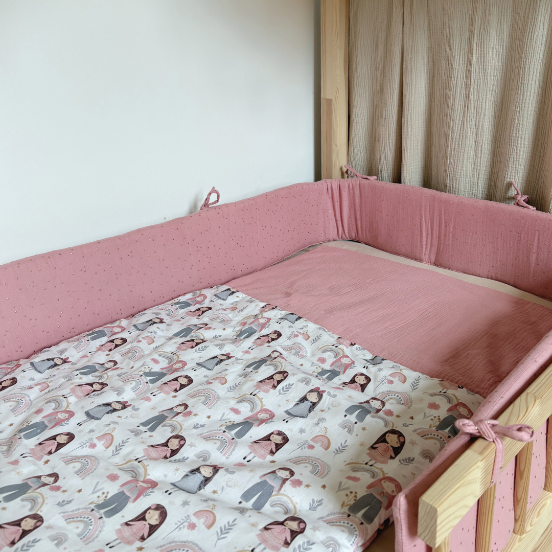 Tour de lit cabane double gaze rose pois dorés