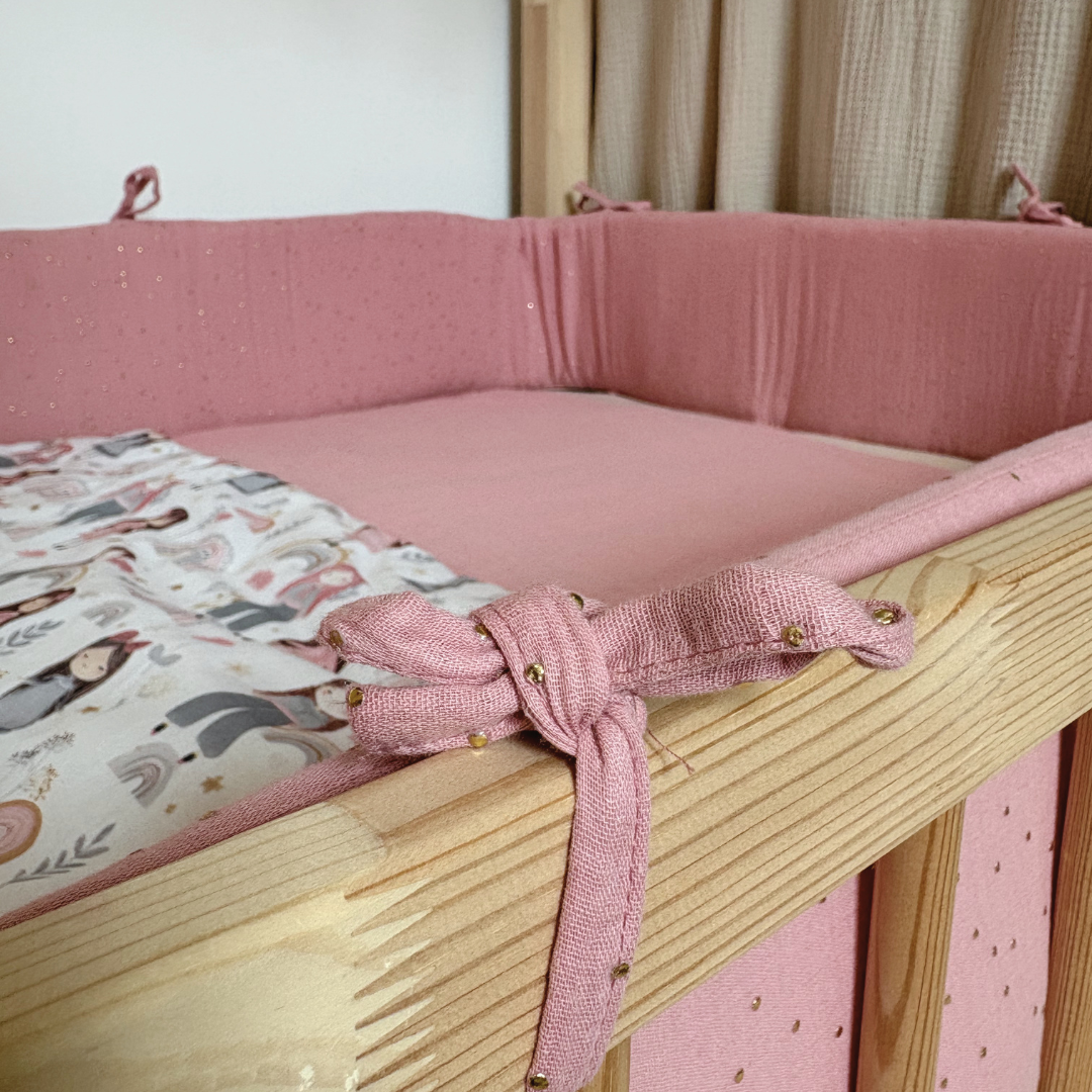 Tour de lit cabane double gaze rose pois dorés