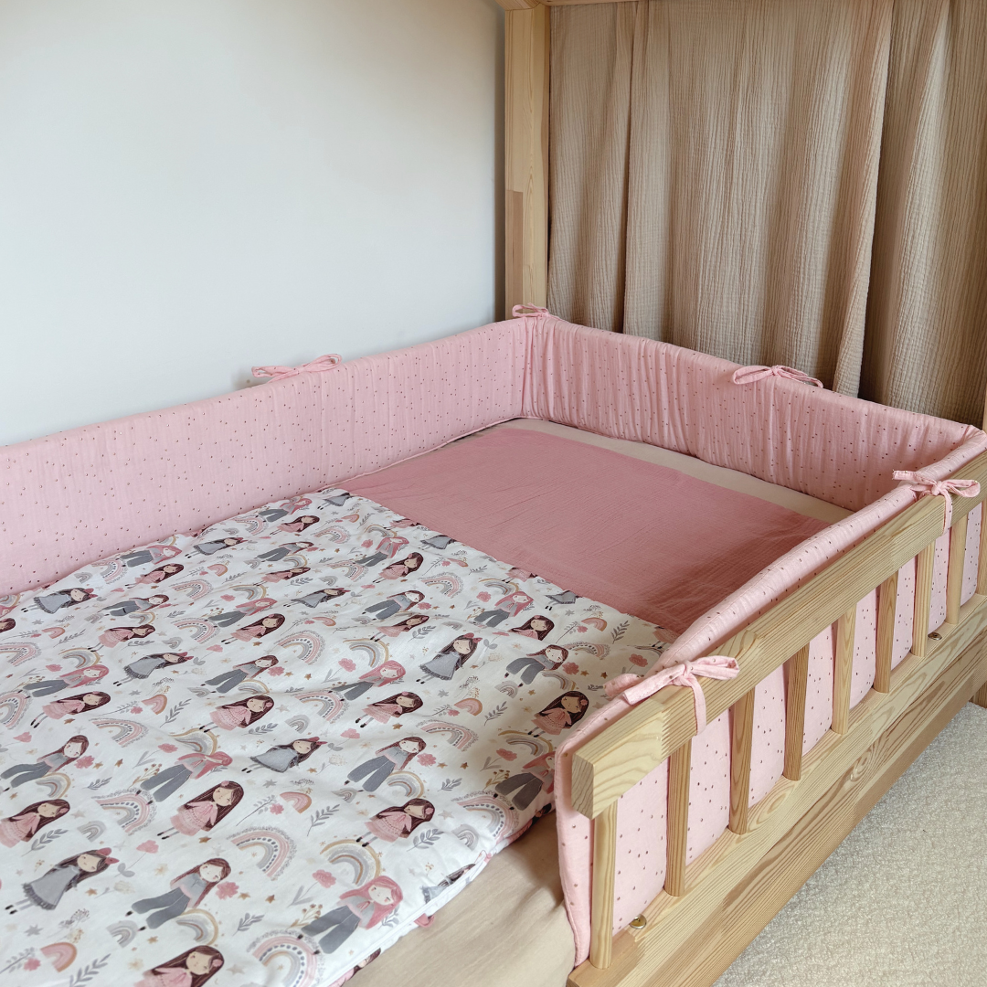 Tour de lit cabane double gaze rose blush pois dorés