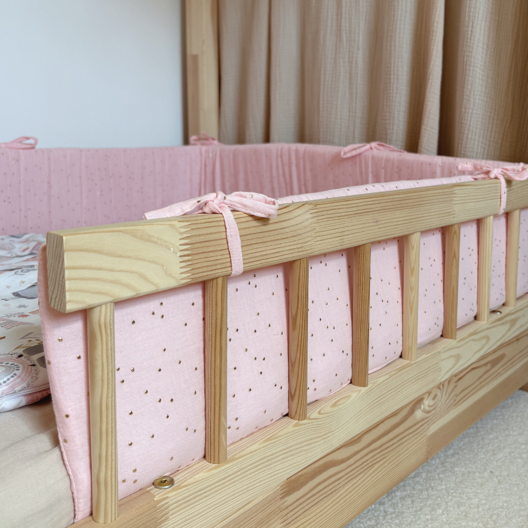 Tour de lit cabane double gaze rose blush pois dorés