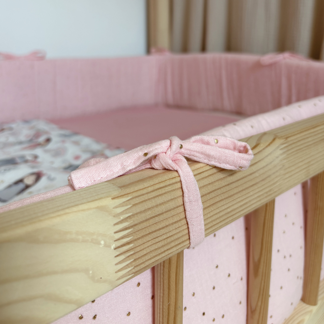 Tour de lit cabane double gaze rose blush pois dorés