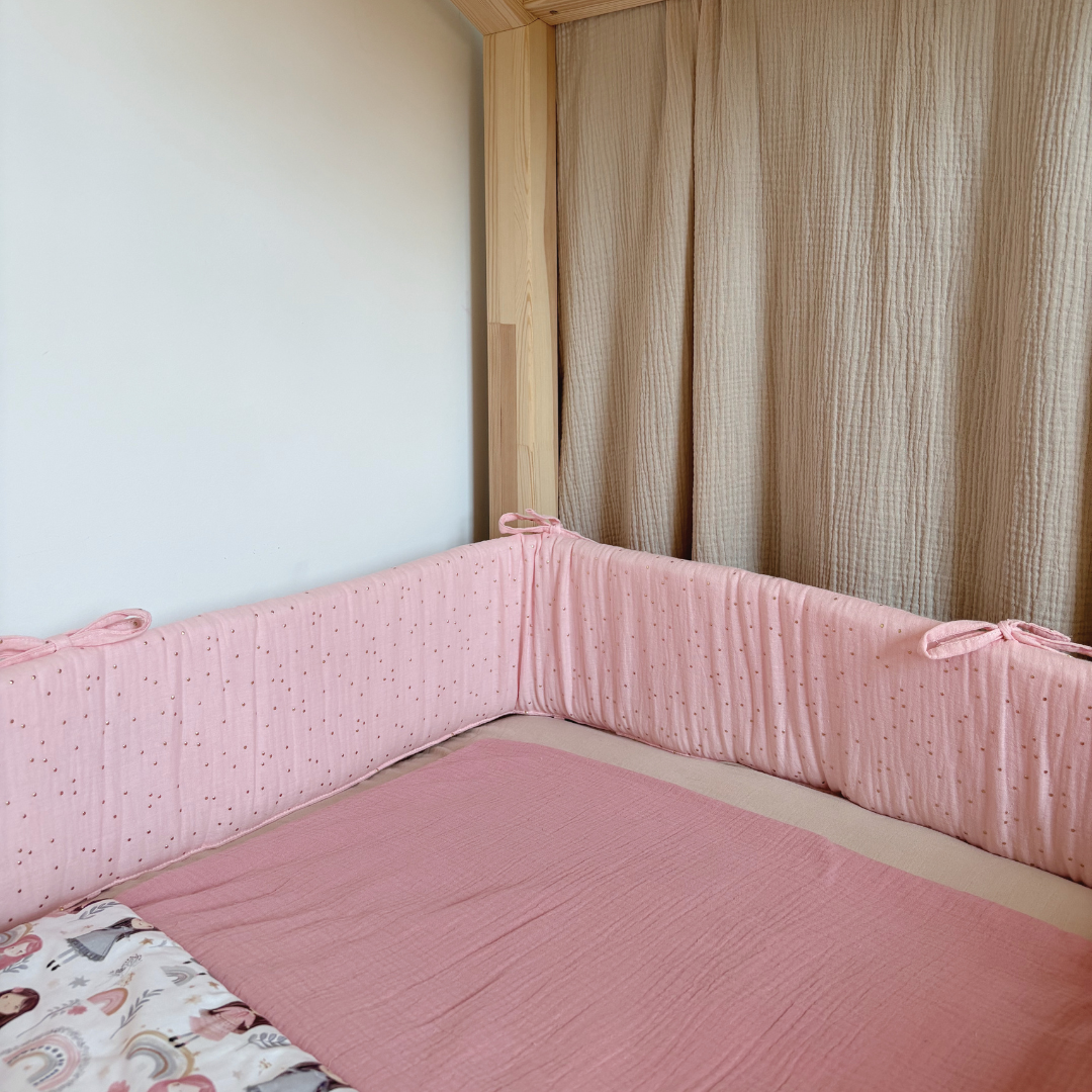 Tour de lit cabane double gaze rose blush pois dorés