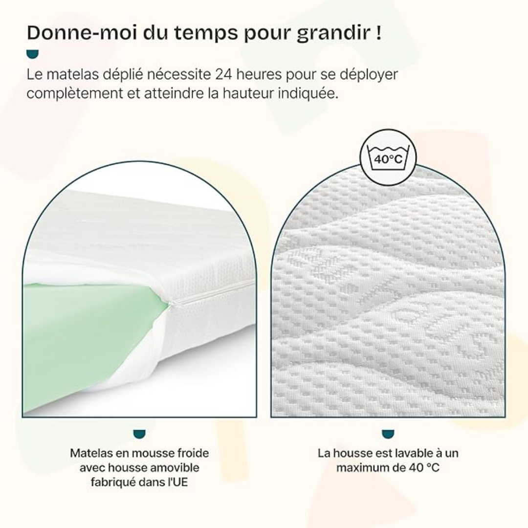 Grand lit cabane Montessori avec barrière + matelas - 120x200cm - Bois naturel