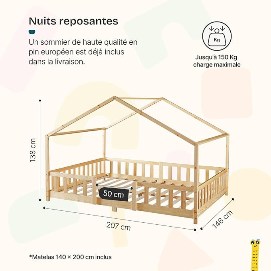Grand lit cabane double avec barrière - 140x200cm - Bois naturel